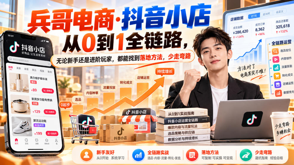 【无水印】兵哥电商·抖音小店从0到1全链路，无论新手还是进阶玩家，都能找到落地方法，少走弯路（更新9月）亿创资源网_优质资源分享平台_一站式资源获取亿创资源网 | 优质资源分享平台_一站式资源获取