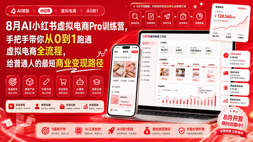 8月AI小红书虚拟电商Pro训练营,手把手带你从0到1跑通虚拟电商全流程,给普通人的最短商业变现路径亿创资源网_优质资源分享平台_一站式资源获取亿创资源网 | 优质资源分享平台_一站式资源获取