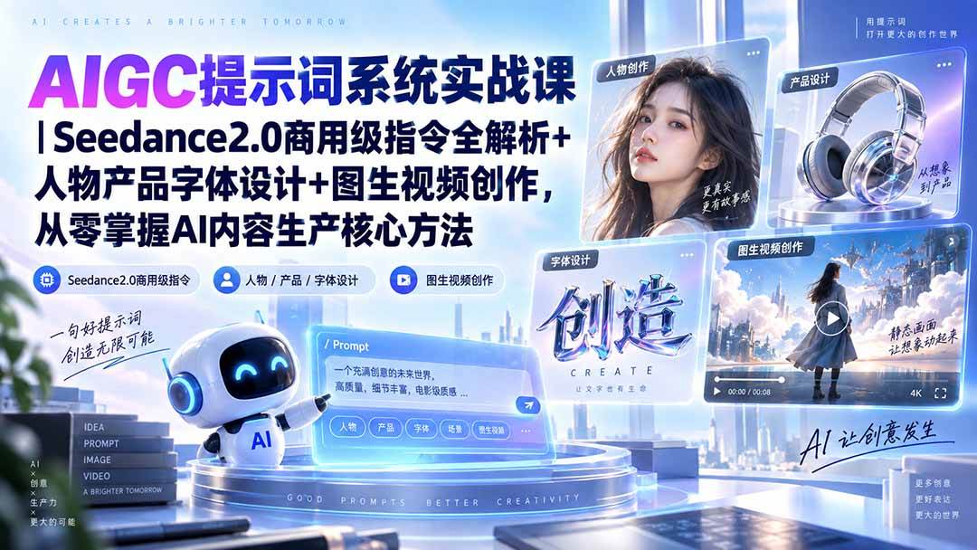 （20559期）AIGC提示词系统实战课-无水印｜Seedance2.0商用级指令全解析+人物产品字体设计+图生视频创作，掌握AI内容生产方法亿创资源网_优质资源分享平台_一站式资源获取亿创资源网 | 优质资源分享平台_一站式资源获取