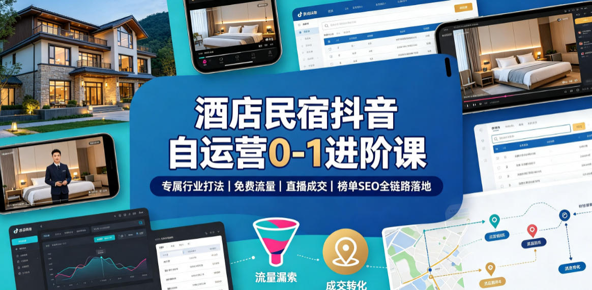 酒店民宿抖音自运营0-1进阶课｜专属行业打法、免费流量+直播成交+榜单SEO全链路落地亿创资源网_优质资源分享平台_一站式资源获取亿创资源网 | 优质资源分享平台_一站式资源获取