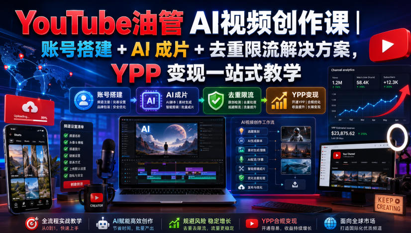 YouTube油管AI视频创作课｜账号搭建+AI成片+去重限流解决方案，YPP变现一站式教学亿创资源网_优质资源分享平台_一站式资源获取亿创资源网 | 优质资源分享平台_一站式资源获取