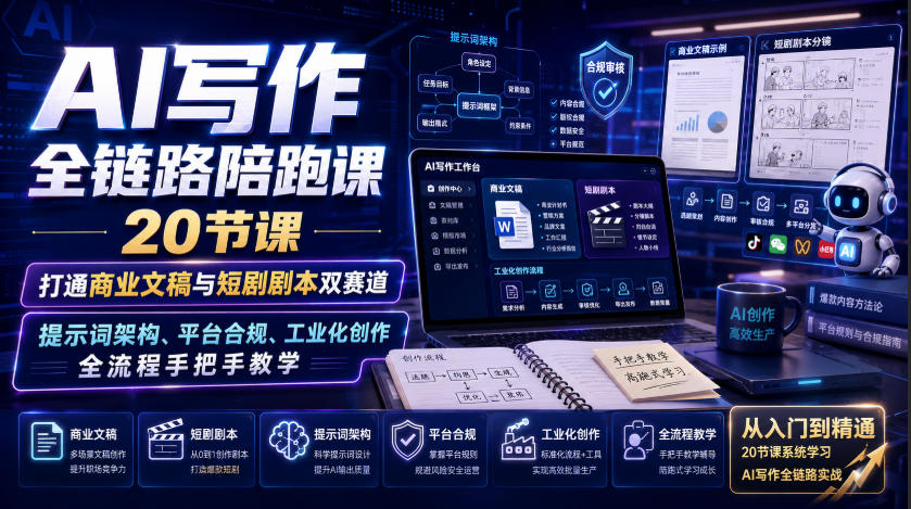AI写作全链路陪跑课｜20节课打通商业文稿与短剧剧本双赛道，提示词架构、平台合规、工业化创作全流程手把手教学亿创资源网_优质资源分享平台_一站式资源获取亿创资源网 | 优质资源分享平台_一站式资源获取
