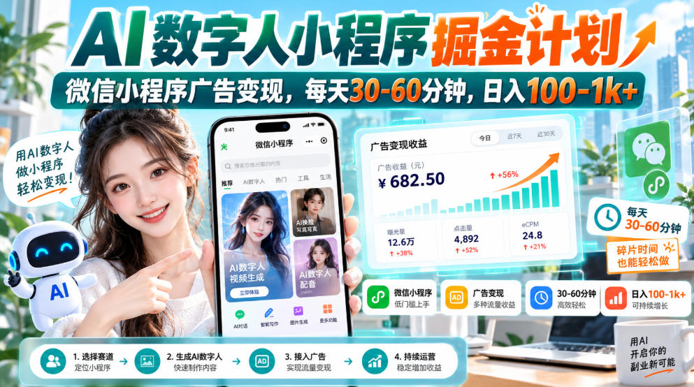 【无水印】AI数字人小程序掘金计划，微信小程序广告变现，每天30‑60分钟，日入100‑1k+亿创资源网_优质资源分享平台_一站式资源获取亿创资源网 | 优质资源分享平台_一站式资源获取