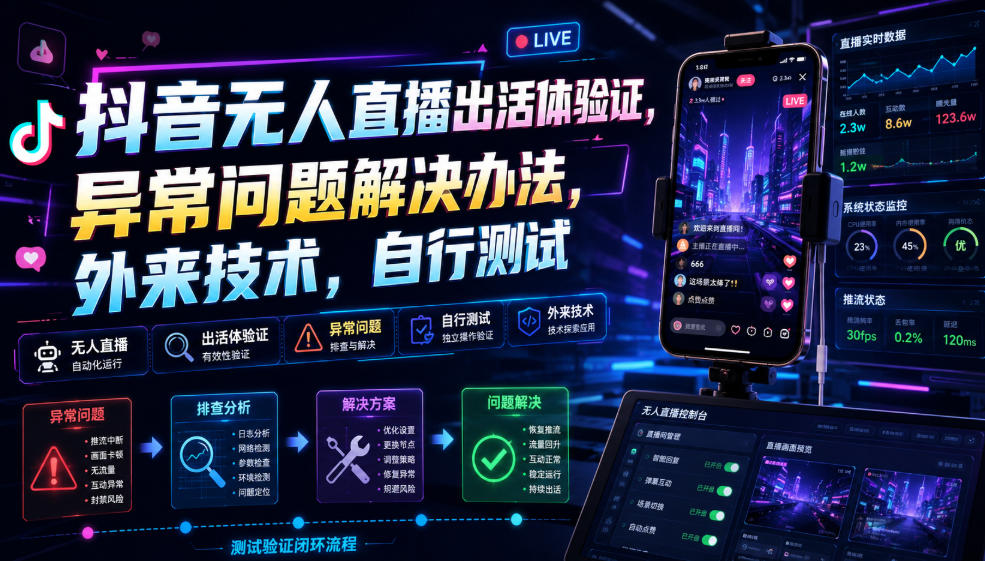 抖音无人直播出活体验证，异常问题解决办法，外来技术，自行测试亿创资源网_优质资源分享平台_一站式资源获取亿创资源网 | 优质资源分享平台_一站式资源获取