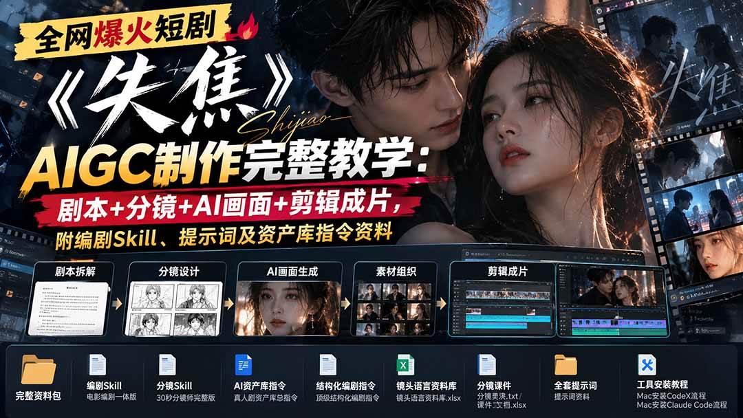 (20805期)全网爆火短剧《失焦》AIGC制作完整教学:剧本+分镜+AI画面+剪辑成片,附编剧Skill、提示词及资产库指令资料亿创资源网_优质资源分享平台_一站式资源获取亿创资源网 | 优质资源分享平台_一站式资源获取