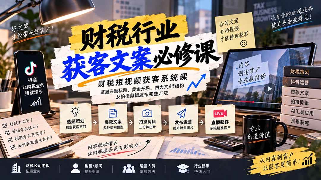 （20591期）财税短视频获客系统课：掌握选题标题、黄金开场、四大文案结构及拍摄剪辑发布完整方法亿创资源网_优质资源分享平台_一站式资源获取亿创资源网 | 优质资源分享平台_一站式资源获取