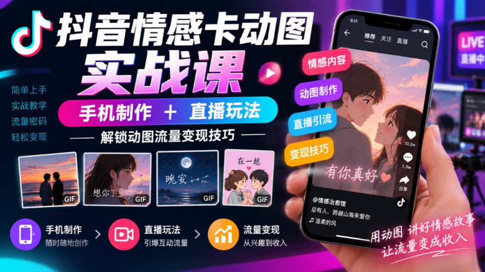 抖音情感卡动图实战课｜手机制作+直播玩法，解锁动图流量变现技巧亿创资源网_优质资源分享平台_一站式资源获取亿创资源网 | 优质资源分享平台_一站式资源获取