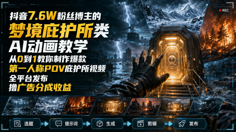 抖音7.6W粉丝博主的梦境庇护所类AI动画教学，从0到1教你制作爆款第一人称POV庇护所视频，全平台发布撸广告分成收益亿创资源网_优质资源分享平台_一站式资源获取亿创资源网 | 优质资源分享平台_一站式资源获取