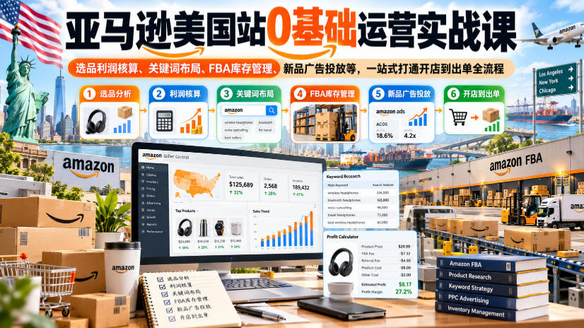 亚马逊美国站0基础运营实战课｜选品利润核算、关键词布局、FBA库存管理、新品广告投放等，一站式打通开店到出单全流程亿创资源网_优质资源分享平台_一站式资源获取亿创资源网 | 优质资源分享平台_一站式资源获取
