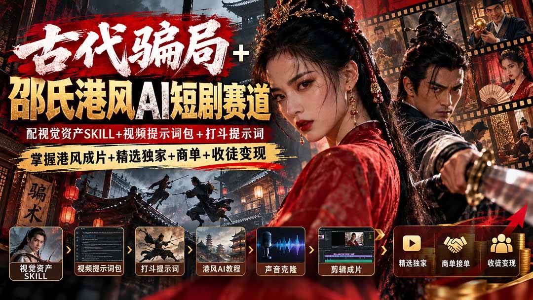 (20684期)古代骗局+邵氏港风AI短剧赛道:配视觉资产SKILL+视频提示词包+打斗提示词,掌握港风成片+精选独家+商单+收徒变现亿创资源网_优质资源分享平台_一站式资源获取亿创资源网 | 优质资源分享平台_一站式资源获取