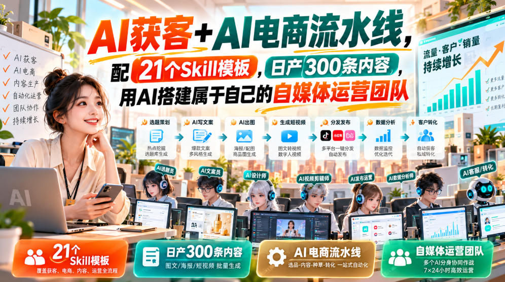 AI获客+AI电商流水线，配21个Skill模板，日产300条内容，用AI搭建属于自己的自媒体运营团队亿创资源网_优质资源分享平台_一站式资源获取亿创资源网 | 优质资源分享平台_一站式资源获取
