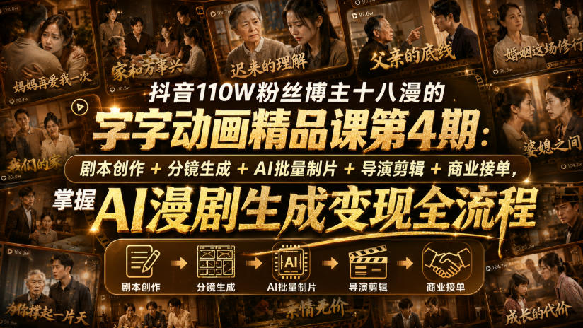 抖音110W粉丝博主十八漫的字字动画精品课第4期：剧本创作+分镜生成+剪辑+商业接单，掌握AI漫剧生成变现全流程亿创资源网_优质资源分享平台_一站式资源获取亿创资源网 | 优质资源分享平台_一站式资源获取