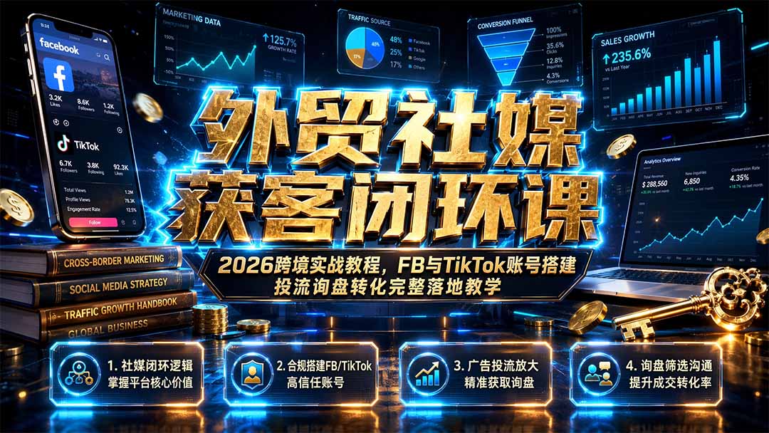 外贸社媒获客闭环课｜2026跨境实战教程，FB与TikTok账号搭建投流询盘转化完整落地教学亿创资源网_优质资源分享平台_一站式资源获取亿创资源网 | 优质资源分享平台_一站式资源获取