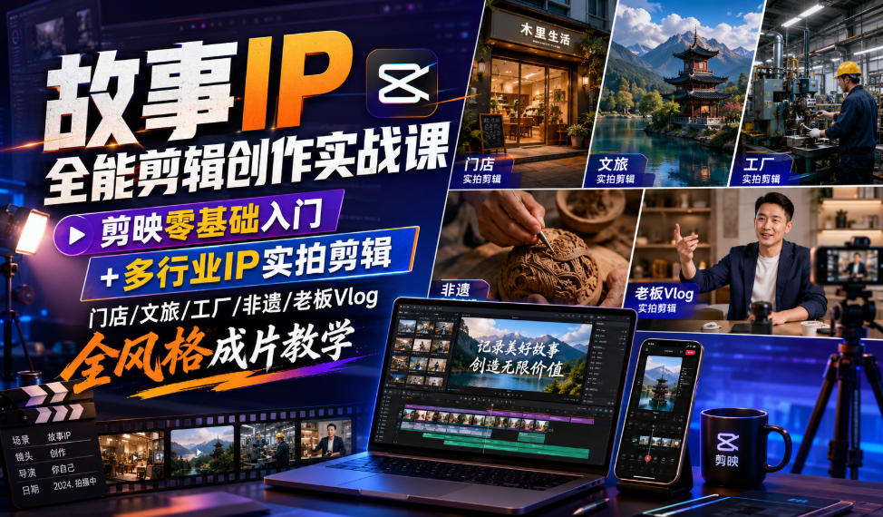 故事IP全能剪辑创作实战课｜剪映零基础入门+多行业IP实拍剪辑，门店/文旅/工厂/非遗/老板Vlog全风格成片教学亿创资源网_优质资源分享平台_一站式资源获取亿创资源网 | 优质资源分享平台_一站式资源获取