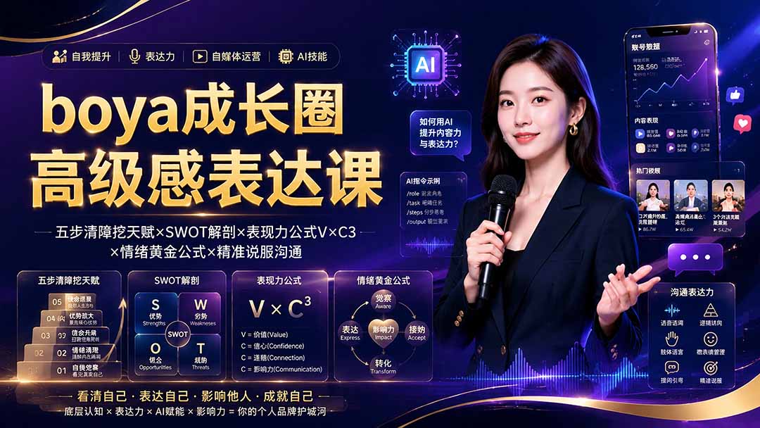 boya成长圈｜内心成长高级表达AI自媒体三合一，消解内耗挖掘天赋，镜头沟通AI指令短视频全流程教学亿创资源网_优质资源分享平台_一站式资源获取亿创资源网 | 优质资源分享平台_一站式资源获取