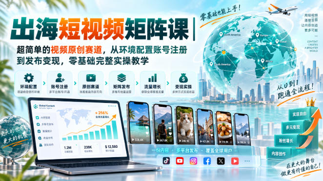 出海短视频矩阵课｜超简单的视频原创赛道，从环境配置账号注册到发布变现，零基础完整实操教学亿创资源网_优质资源分享平台_一站式资源获取亿创资源网 | 优质资源分享平台_一站式资源获取