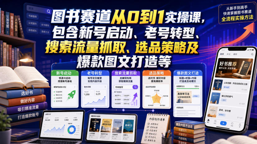 图书赛道从0到1实操课,包含新号启动、老号转型、搜索流量抓取、选品策略及爆款图文打造等亿创资源网_优质资源分享平台_一站式资源获取亿创资源网 | 优质资源分享平台_一站式资源获取