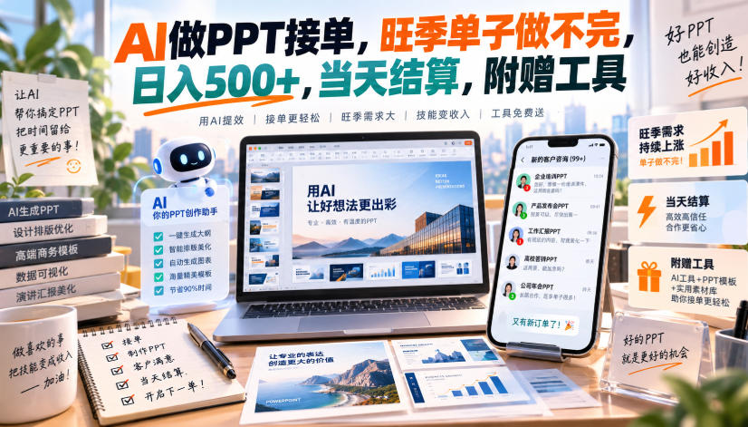 AI做PPT接单，旺季单子做不完，日入500+，当天结算，附赠工具【揭秘】亿创资源网_优质资源分享平台_一站式资源获取亿创资源网 | 优质资源分享平台_一站式资源获取