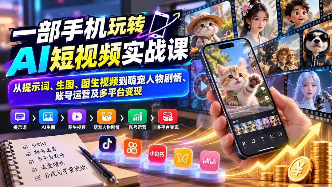 （20663期）一部手机玩转AI短视频实战课：从提示词、生图、图生视频到萌宠人物剧情、账号运营及多平台变现亿创资源网_优质资源分享平台_一站式资源获取亿创资源网 | 优质资源分享平台_一站式资源获取