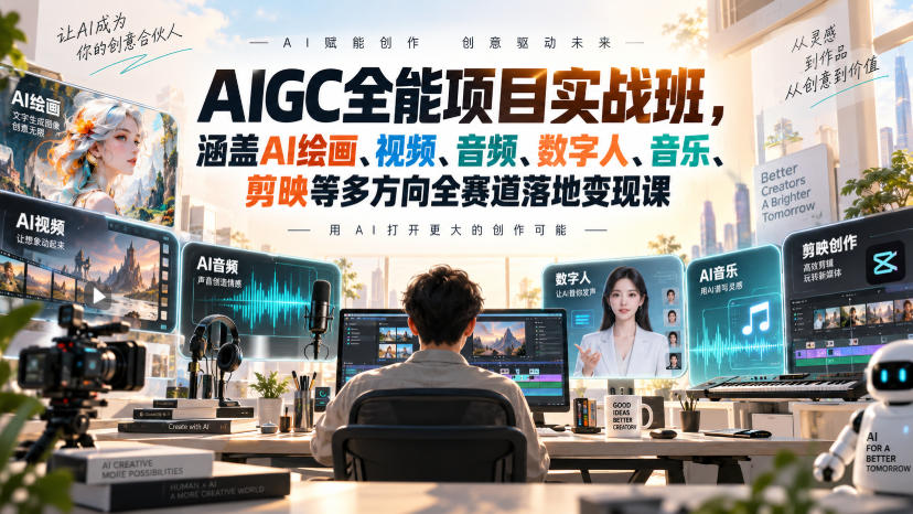 AIGC全能项目实战班,涵盖AI绘画、视频、音频、数字人、音乐、剪映等多方向全赛道落地变现课 AIGC全能项目实战班,涵盖AI绘画、视频、音频、数字人、音乐、剪映等多方向全赛道落地变现课