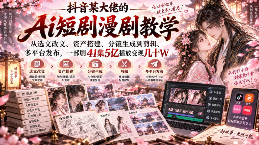 抖音某大佬的Ai短剧漫剧教学,从选文改文、资产搭建、分镜生成到剪辑、多平台发布,一部剧41集5亿播放变现几十W亿创资源网_优质资源分享平台_一站式资源获取亿创资源网 | 优质资源分享平台_一站式资源获取