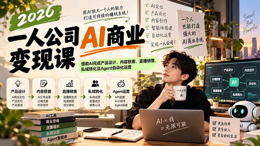 （20901期）2026一人公司AI商业变现课：借助AI完成产品设计、内容获客、直播销售、私域转化及Agent自动化运营