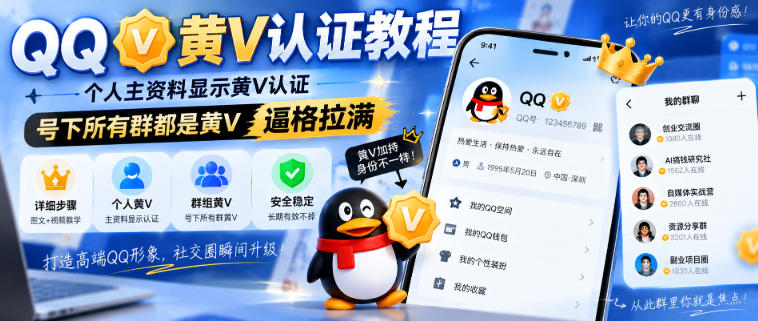 QQ黄V认证教程，个人主资料显示黄V认证，号下所有群都是黄V，逼格拉满