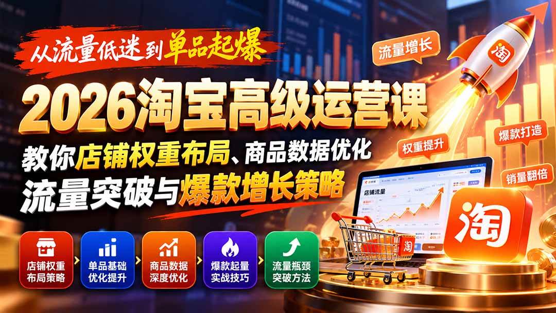 （20952期）从流量低迷到单品起爆：2026淘宝高级运营课教你店铺权重布局、商品数据优化、流量突破与爆款增长策略