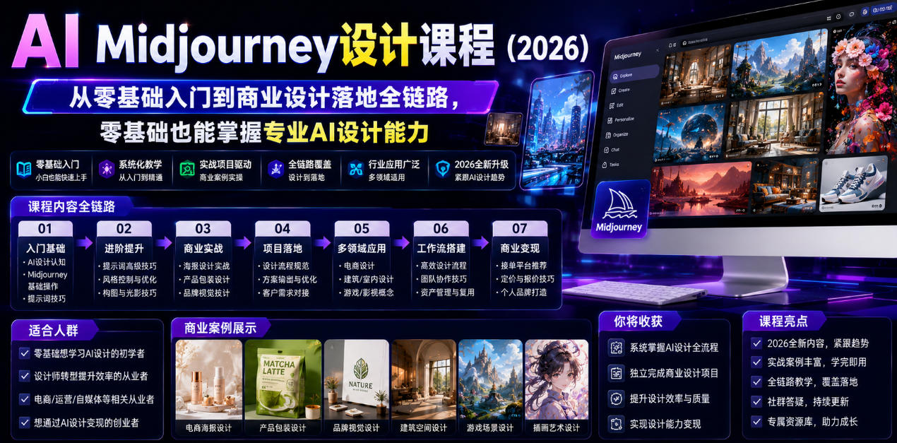 AI Midjourney设计课程(2026),从零基础入门到商业设计落地全链路,零基础也能掌握专业AI设计能力(更新1007)亿创资源网_优质资源分享平台_一站式资源获取亿创资源网 | 优质资源分享平台_一站式资源获取