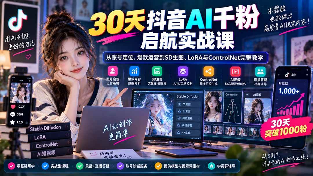 （20291期）30天抖音AI千粉启航实战课：从账号定位、爆款运营到SD生图、LoRA与ControlNet完整教学亿创资源网_优质资源分享平台_一站式资源获取亿创资源网 | 优质资源分享平台_一站式资源获取