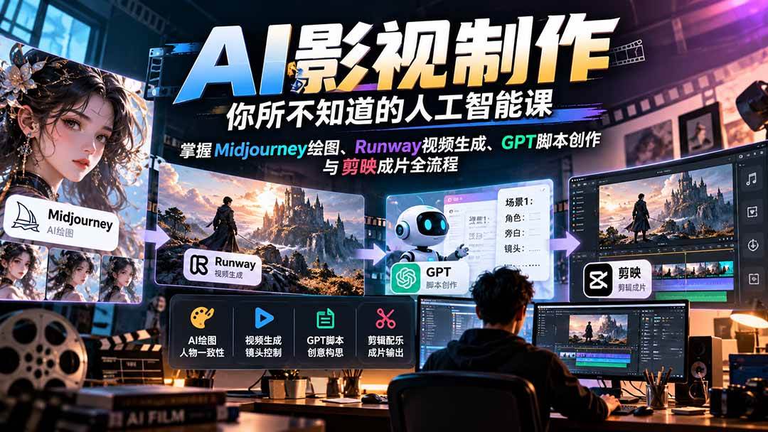 (20681期)AI影视制作-你所不知道的人工智能课,掌握Midjourney绘图、Runway视频生成、GPT脚本创作与剪映成片全流程亿创资源网_优质资源分享平台_一站式资源获取亿创资源网 | 优质资源分享平台_一站式资源获取