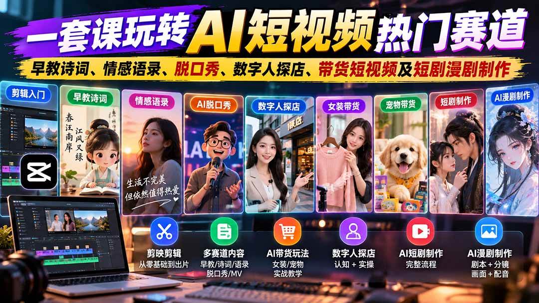 （20964期）一套课玩转AI短视频热门赛道：早教诗词、情感语录、脱口秀、数字人探店、带货短视频及短剧漫剧制作 复制标题亿创资源网_优质资源分享平台_一站式资源获取亿创资源网 | 优质资源分享平台_一站式资源获取