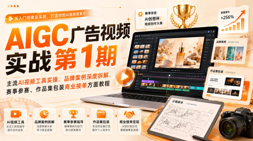 AIGC广告视频实战第1期,主流AI视频工具实操、品牌案例深度拆解、赛事参赛、作品集包装商业接单方面教程亿创资源网_优质资源分享平台_一站式资源获取亿创资源网 | 优质资源分享平台_一站式资源获取