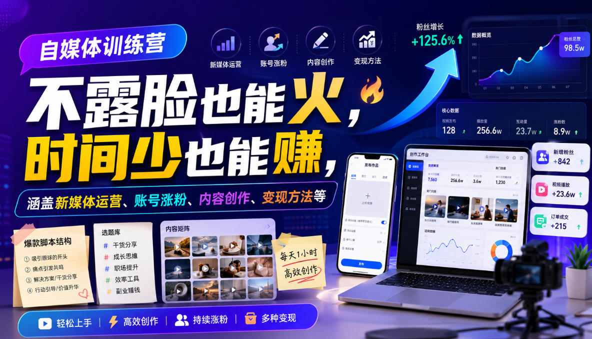 自媒体训练营，不露脸也能火，时间少也能賺，涵盖新媒体运营、账号涨粉、内容创作、变现方法等亿创资源网_优质资源分享平台_一站式资源获取亿创资源网 | 优质资源分享平台_一站式资源获取