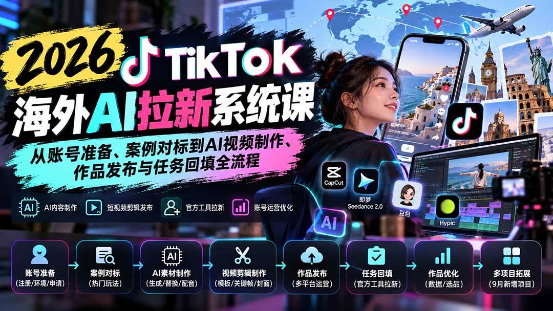 (20675期)【无水印】2026 TikTok海外AI拉新系统课:从账号准备、案例对标到AI视频制作、作品发布与任务回填全流程亿创资源网_优质资源分享平台_一站式资源获取亿创资源网 | 优质资源分享平台_一站式资源获取