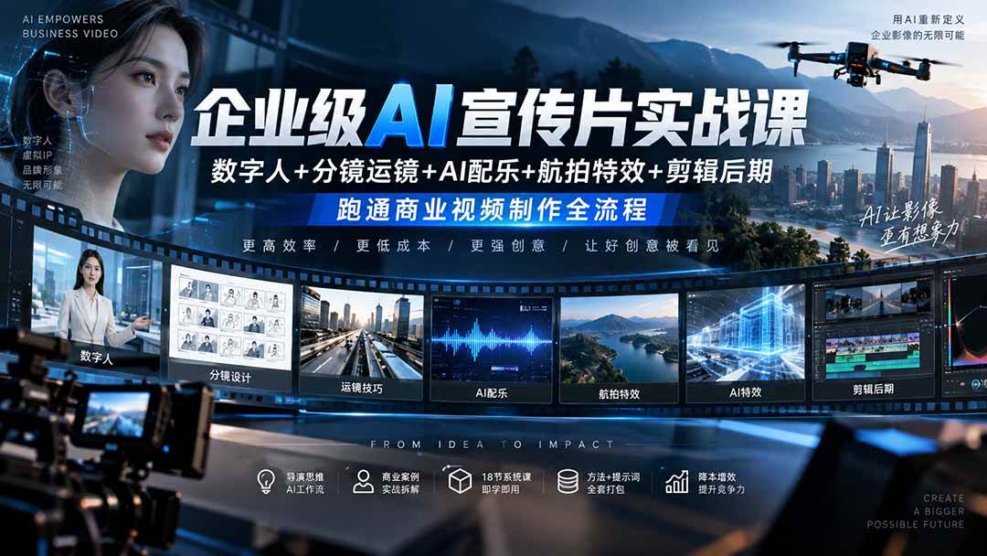 （20548期）企业级AI宣传片实战课｜数字人+分镜运镜+AI配乐+航拍特效+剪辑后期，跑通商业视频制作全流程亿创资源网_优质资源分享平台_一站式资源获取亿创资源网 | 优质资源分享平台_一站式资源获取