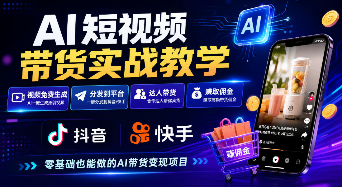 AI短视频带货实战教学，视频免费生成，分发到抖音快手平台，达人带货賺佣金亿创资源网_优质资源分享平台_一站式资源获取亿创资源网 | 优质资源分享平台_一站式资源获取