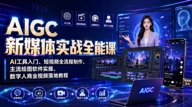 AIGC新媒体实战全能课｜AI工具入门、短视频全流程制作、主流绘图软件实操、数字人商业视频落地教程亿创资源网_优质资源分享平台_一站式资源获取亿创资源网 | 优质资源分享平台_一站式资源获取