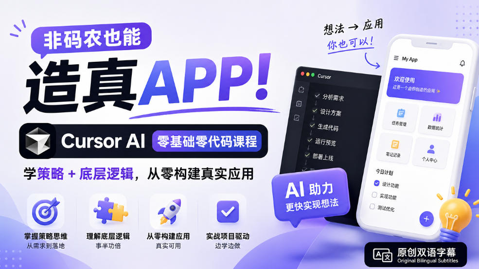非码农也能造真APP！Cursor AI零基础零代码课程：学策略+底层逻辑，从零构建真实应用【原创双语字幕】亿创资源网_优质资源分享平台_一站式资源获取亿创资源网 | 优质资源分享平台_一站式资源获取