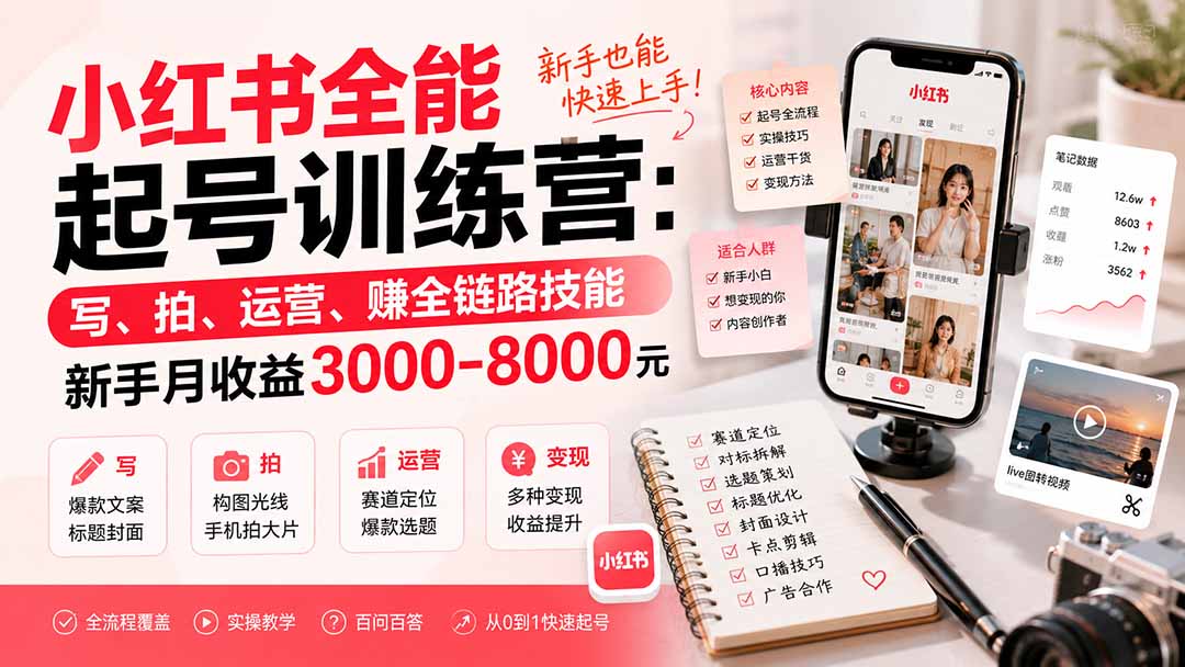 小红书全能起号训练营-更新:写、拍、运营、赚全链路技能,新手月收益3000-8000元亿创资源网_优质资源分享平台_一站式资源获取亿创资源网 | 优质资源分享平台_一站式资源获取