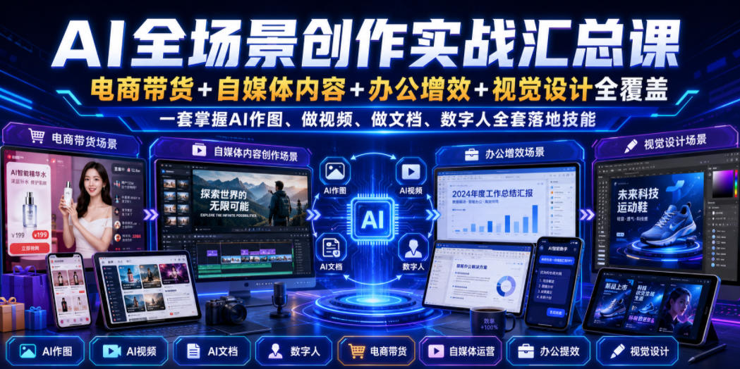 AI全场景创作实战汇总课｜电商带货+自媒体内容+办公增效+视觉设计全覆盖，一套掌握AI作图、做视频、做文档、数字人全套落地技能亿创资源网_优质资源分享平台_一站式资源获取亿创资源网 | 优质资源分享平台_一站式资源获取