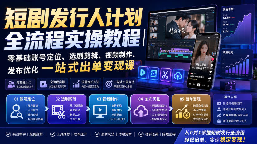 短剧发行人计划全流程实操教程｜零基础账号定位、选剧剪辑、视频制作、发布优化一站式出单变现课亿创资源网_优质资源分享平台_一站式资源获取亿创资源网 | 优质资源分享平台_一站式资源获取
