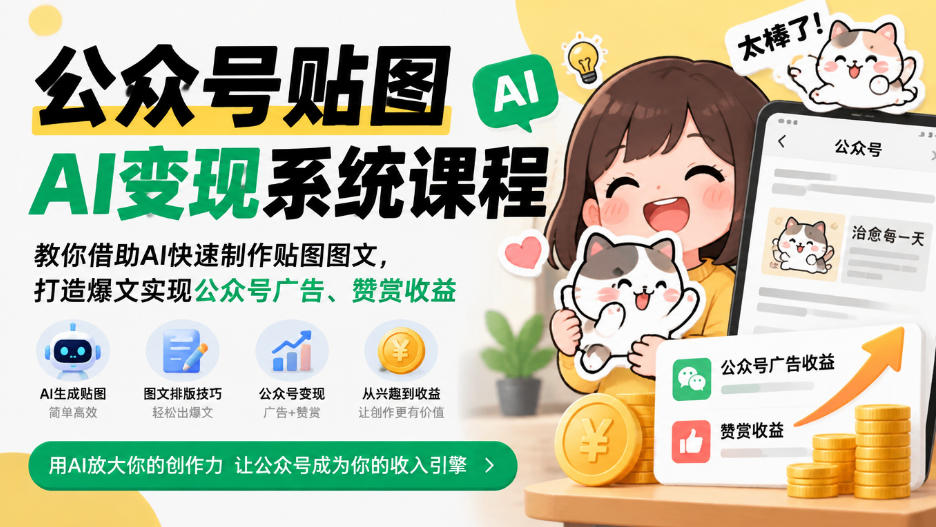 公众号贴图AI变现系统课程｜教你借助AI快速制作贴图图文，打造爆文实现公众号广告、赞赏收益亿创资源网_优质资源分享平台_一站式资源获取亿创资源网 | 优质资源分享平台_一站式资源获取