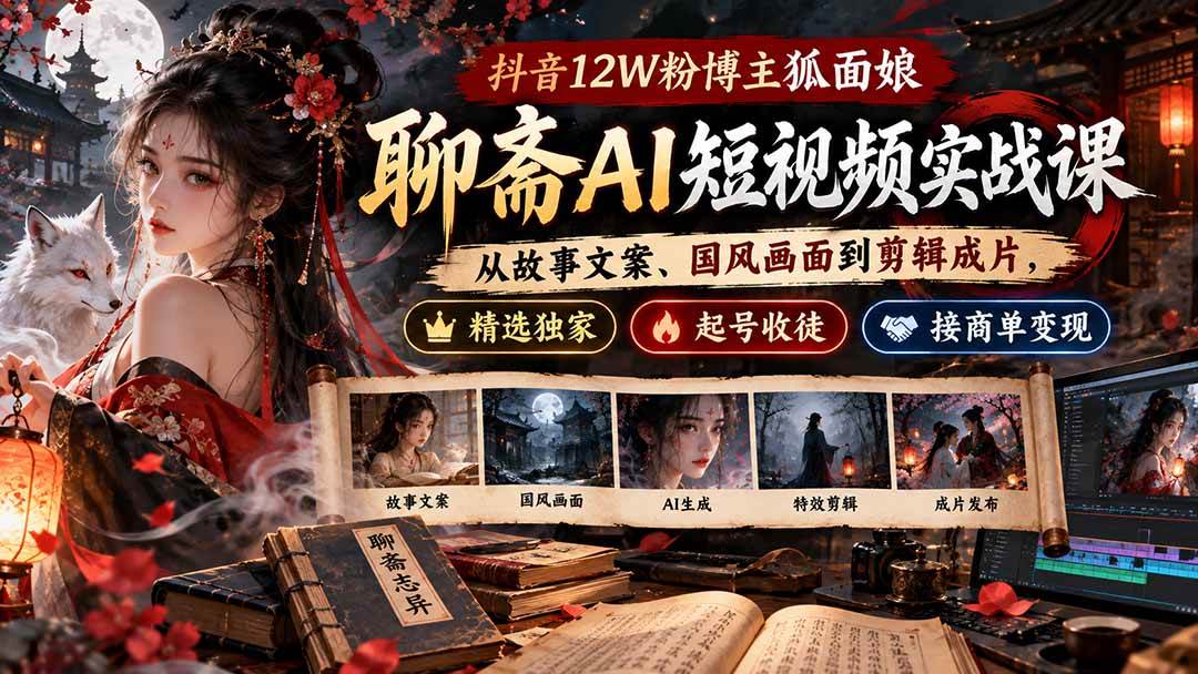 (20639期)抖音12W粉博主狐面娘-聊斋AI短视频实战课:从故事文案、国风画面到剪辑成片,精选独家+起号收徒+接商单变现亿创资源网_优质资源分享平台_一站式资源获取亿创资源网 | 优质资源分享平台_一站式资源获取