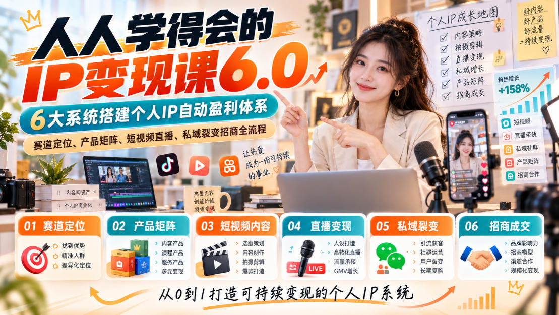 人人学得会的IP变现课6.0，6大系统搭建个人IP自动盈利体系，赛道定位、产品矩阵、短视频直播、私域裂变招商全流程亿创资源网_优质资源分享平台_一站式资源获取亿创资源网 | 优质资源分享平台_一站式资源获取