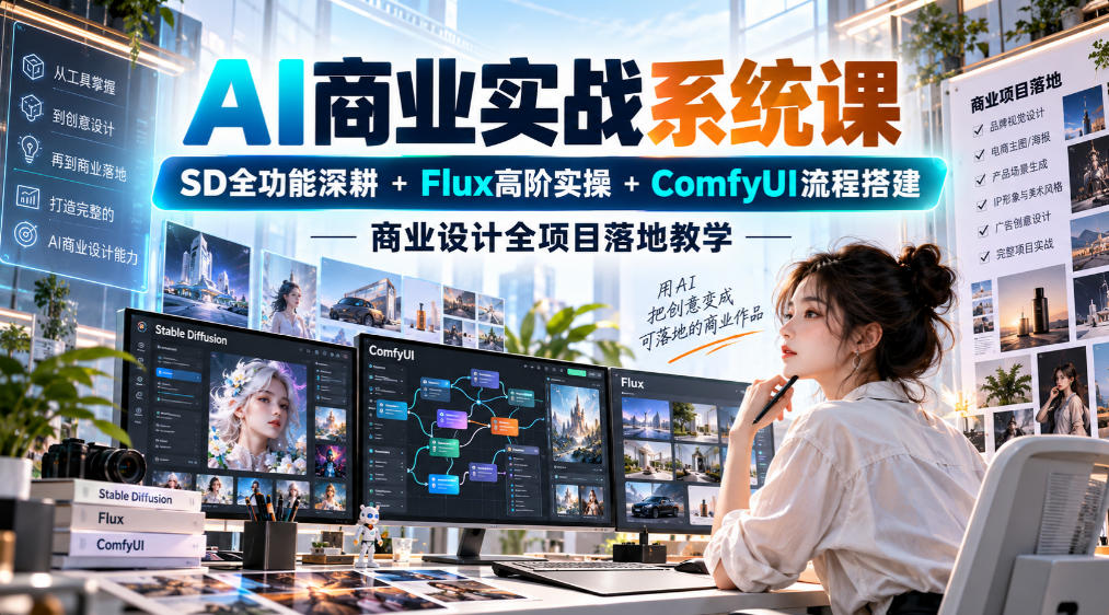 AI商业实战系统课｜SD全功能深耕+Flux高阶实操+Comfyui流程搭建，商业设计全项目落地教学亿创资源网_优质资源分享平台_一站式资源获取亿创资源网 | 优质资源分享平台_一站式资源获取