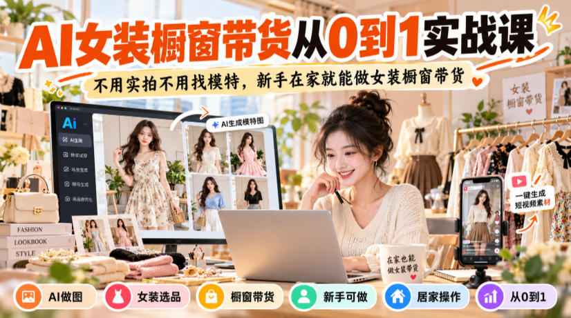 AI女装橱窗带货从0到1实战课，不用实拍不用找模特，新手在家就能做女装橱窗带货亿创资源网_优质资源分享平台_一站式资源获取亿创资源网 | 优质资源分享平台_一站式资源获取