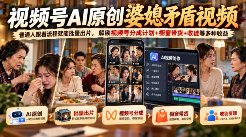 视频号ai原创婆媳矛盾视频,普通人跟着流程就能批量出片,解锁视频号分成计划+橱窗带货+收徒等多种收益亿创资源网_优质资源分享平台_一站式资源获取亿创资源网 | 优质资源分享平台_一站式资源获取