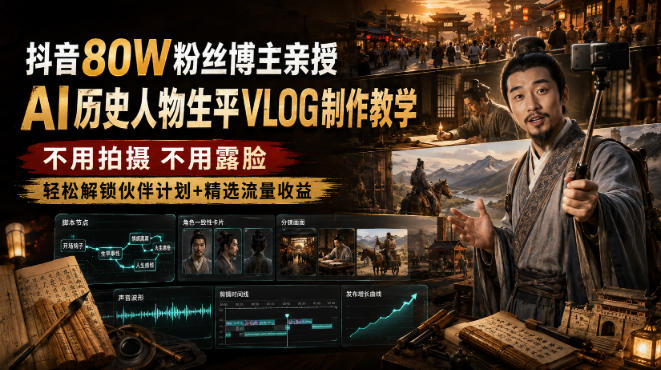 抖音80W粉丝博主的AI历史人物生平VLOG教学，不用拍摄不用露脸，AI帮你搞定，轻松解锁伙伴计划+精选收益亿创资源网_优质资源分享平台_一站式资源获取亿创资源网 | 优质资源分享平台_一站式资源获取