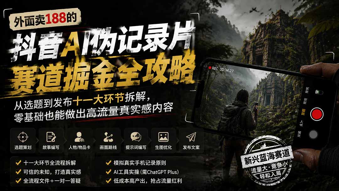 外面卖188的抖音AI伪记录片赛道掘金全攻略；从选题到发布十一大环节拆解，零基础也能做出高流量真实感内容亿创资源网_优质资源分享平台_一站式资源获取亿创资源网 | 优质资源分享平台_一站式资源获取